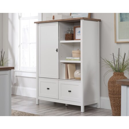 Sauder Cottage Road Storage Cabinet Wh A2 , Hidden storage behind sliding door 430236